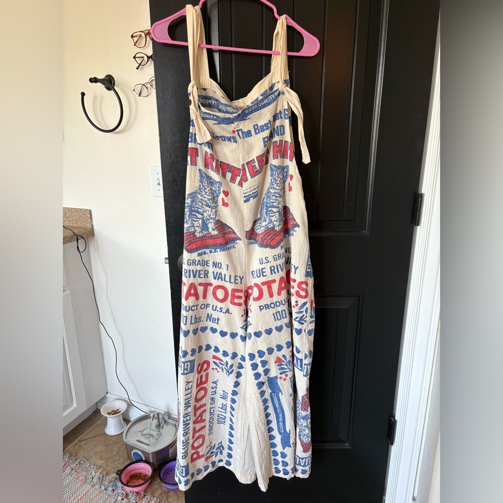 vintage cat print flour sack jumpsuit